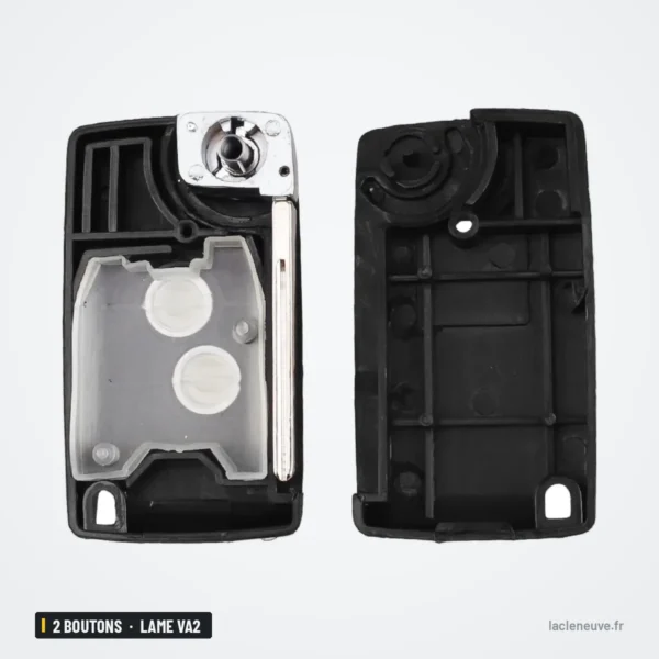 Coque de clé pliante 2 boutons pour Citroën C3, Peugeot 207, 307, lame VA2 - intérieur de la coque vide, deux moitiés
