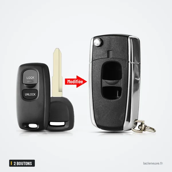 Coque de clé pliante 2 boutons pour Mazda 2, 3, 6, 323 - comparaison avant et après transformation en pliante