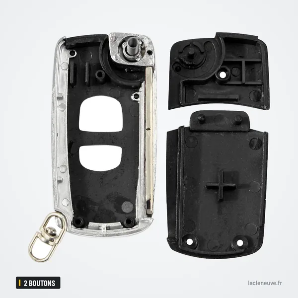 Coque de clé pliante 2 boutons pour Mazda 2, 3, 6, 323 - coque ouverte, compartiment pile et mécanisme visibles