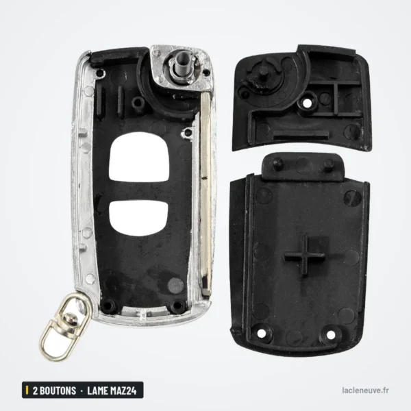 Coque de clé pliante 2 boutons pour Mazda 2, 3, 6, lame MAZ24 - coque démontée en trois parties