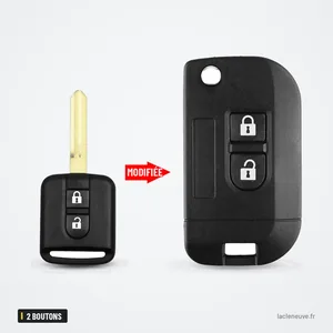Coque de clé pliante 2 boutons pour Nissan Qashqai, Micra, Navara, Note - comparaison avant et après transformation