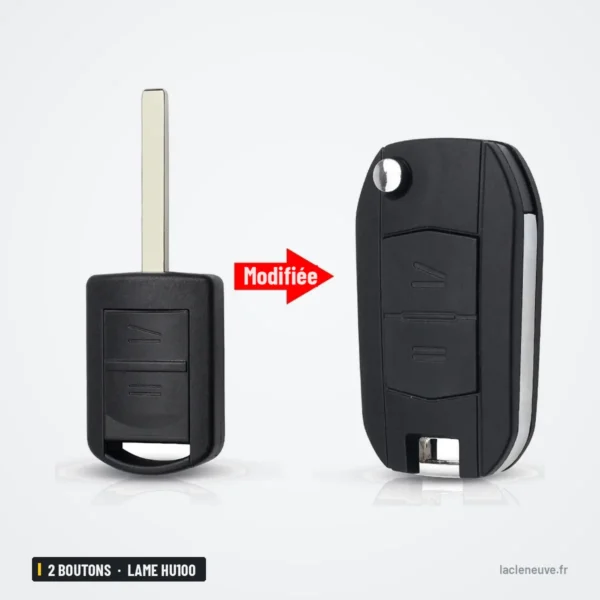 Coque de clé pliante 2 boutons pour Opel Corsa, Combo, Tigra, lame HU100 - comparaison avant et après transformation
