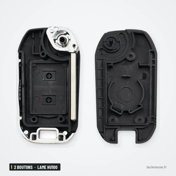 Coque de clé pliante 2 boutons pour Opel Corsa, Combo, Tigra, lame HU100 - coque ouverte, mécanisme interne visible