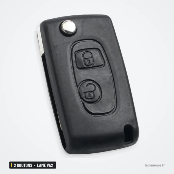 Coque de clé pliante 2 boutons pour Peugeot 206, 307, Citroën Saxo, lame VA2 - coque pliante fermée, lame rentrée