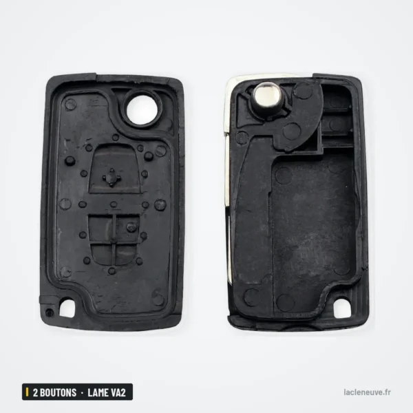 Coque de clé pliante 2 boutons pour Peugeot 206, 307, Citroën Saxo, lame VA2 - coque ouverte, mécanisme et ressort visibles