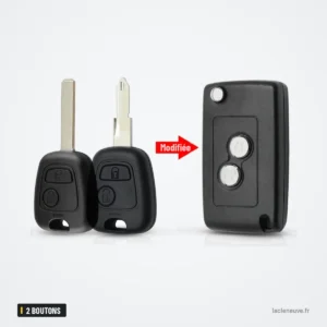 Coque de clé pliante 2 boutons pour Peugeot 207, 307, Citroën C2, C3 - comparaison avant et après transformation Coque de clé pliante 2 boutons pour Peugeot 207, 307, Citroën C2, C3 - comparaison avant et après transformation