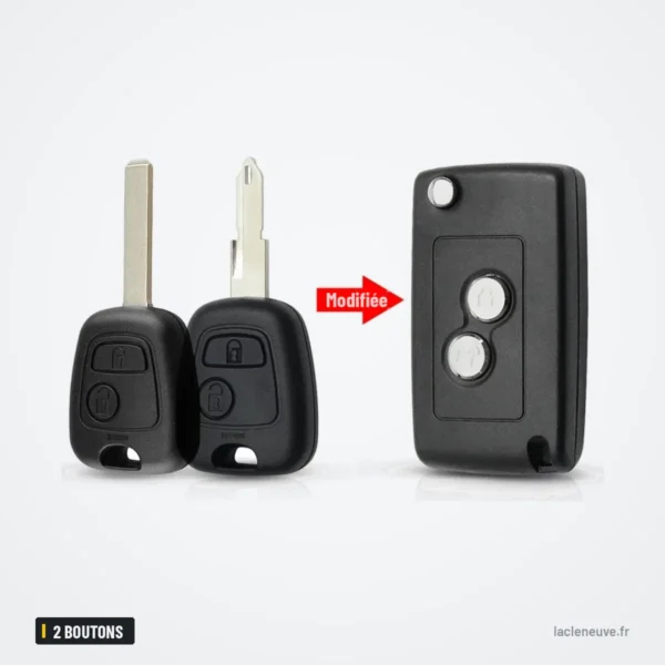 Coque de clé pliante 2 boutons pour Peugeot 207, 307, Citroën C2, C3 - comparaison avant et après transformation