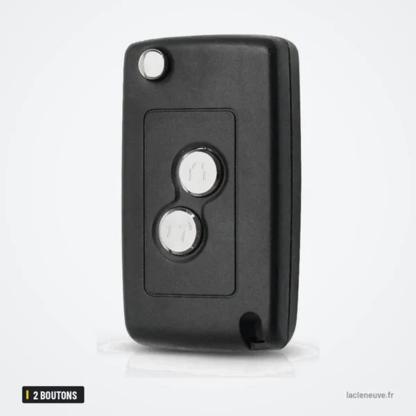Coque de clé pliante 2 boutons pour Peugeot 207, 307, Citroën C2, C3 - vue de face, emplacements des boutons