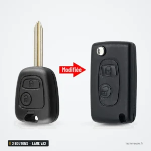 Coque de clé pliante 2 boutons pour Peugeot 207, 307, Citroën C3, lame VA2 - clé d'origine et modèle pliant transformé Coque de clé pliante 2 boutons pour Peugeot 207, 307, Citroën C3, lame VA2 - clé d'origine et modèle pliant transformé