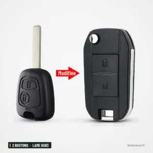 Coque de clé pliante 2 boutons pour Peugeot 307, 207, 407, lame HU83 - comparaison avant et après transformation