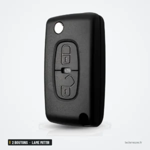 Coque de clé pliante 2 boutons pour Peugeot 4007, 4008, Citroën C4, lame MIT11R - vue de face, boutons alignés verticalement Coque de clé pliante 2 boutons pour Peugeot 4007, 4008, Citroën C4, lame MIT11R - vue de face, boutons alignés verticalement