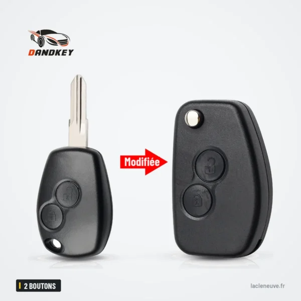 Coque de clé pliante 2 boutons pour Renault Clio, Mégane - comparaison avant clé droite et après coque pliante modifiée