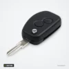 Coque de clé pliante 2 boutons pour Renault Clio, Mégane, Scenic, Kangoo - vue de trois quarts, lame dépliée, deux boutons