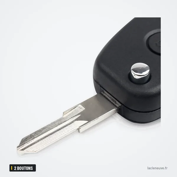 Coque de clé pliante 2 boutons pour Renault Clio, Mégane, Scenic, Kangoo - gros plan sur la lame et un bouton