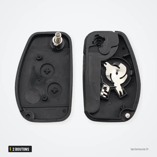 Coque de clé pliante 2 boutons pour Renault Clio, Mégane, Scenic - coque ouverte, deux moitiés avec mécanisme et ressort