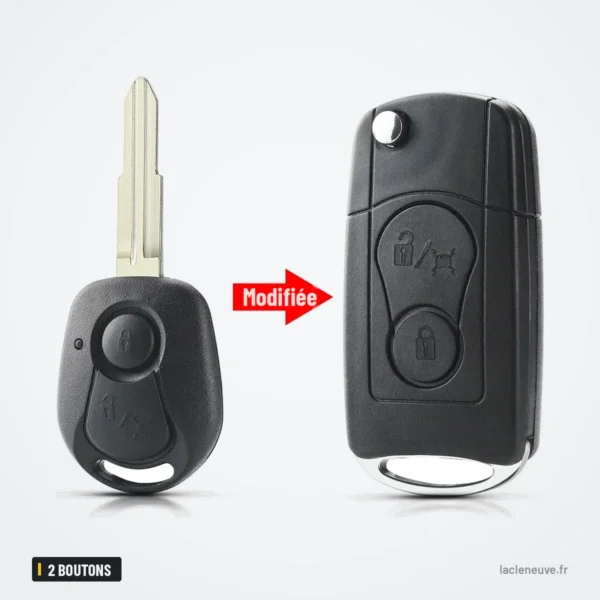 Coque de clé pliante 2 boutons pour Ssangyong Actyon, Kyron - comparaison clé droite et clé pliante transformée