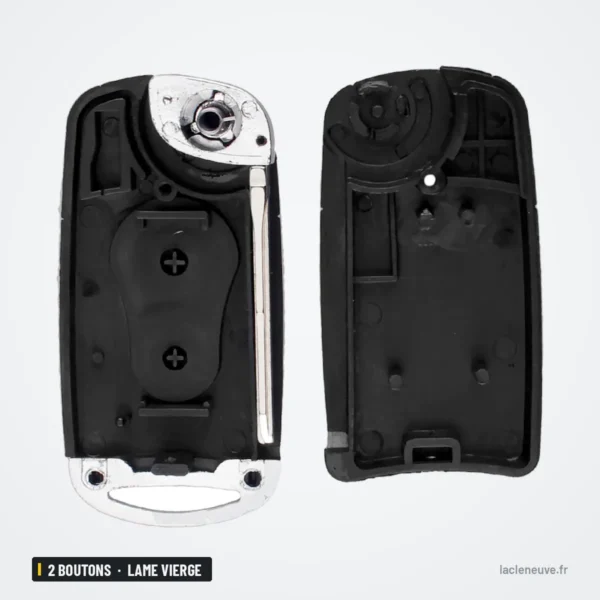 Coque de clé pliante 2 boutons pour SsangYong Actyon, Kyron, lame vierge - coque démontée, intérieur et dos avec mécanisme