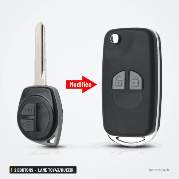 Coque de clé pliante 2 boutons pour Suzuki Swift, SX4, lame TOY43/HU133R - comparaison avant et après modification
