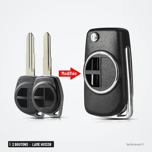Coque de clé pliante 2 boutons pour Suzuki Swift, Vitara, Jimny, lame HU133R - deux clés d'origine et coque transformée Coque de clé pliante 2 boutons pour Suzuki Swift, Vitara, Jimny, lame HU133R - deux clés d'origine et coque transformée