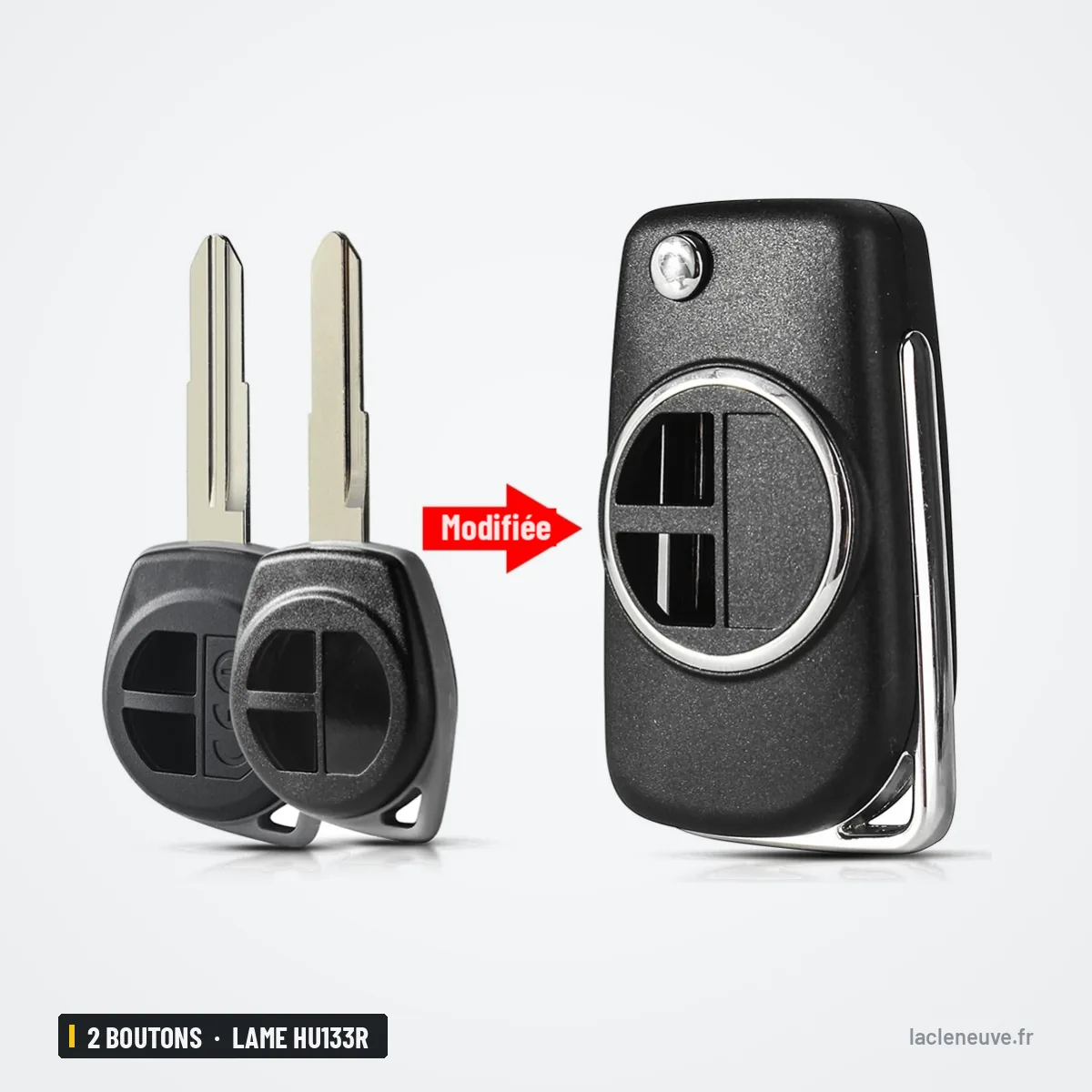 Coque de clé pliante 2 boutons pour Suzuki Swift, Vitara, Jimny, lame HU133R - deux clés d'origine et coque transformée Coque de clé pliante 2 boutons pour Suzuki Swift, Vitara, Jimny, lame HU133R - deux clés d'origine et coque transformée