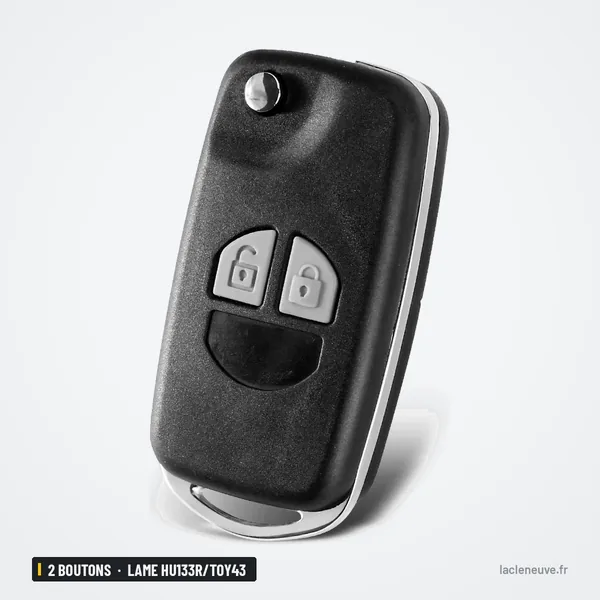 Coque de clé pliante 2 boutons pour Suzuki Swift, Vitara, lame HU133R/TOY43 - coque pliante repliée, vue de face en angle