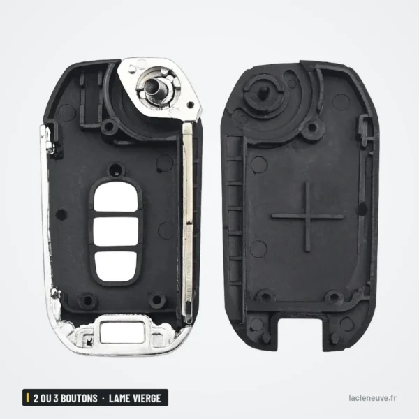 Coque de clé pliante 2 ou 3 boutons pour Chevrolet Captiva, lame vierge - coque ouverte, mécanisme et contacts visibles