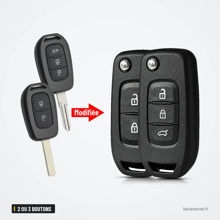 Coque de clé pliante 2 ou 3 boutons pour Dacia Sandero, Logan, Duster - comparaison avant et après transformation