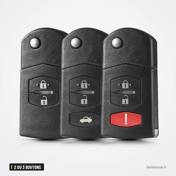 Coque de clé pliante 2 ou 3 boutons pour Mazda 2, 3, 5, 6 - trois clés pliantes alignées, boutons visibles