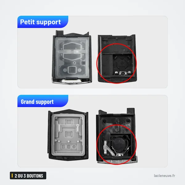Coque de clé pliante 2 ou 3 boutons pour Mazda 2, 3, 5, 6 - comparaison des deux tailles de support interne