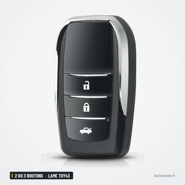 Coque de clé pliante 2 ou 3 boutons pour Toyota Camry, Corolla, lame TOY43 - vue de trois quarts, boutons visibles