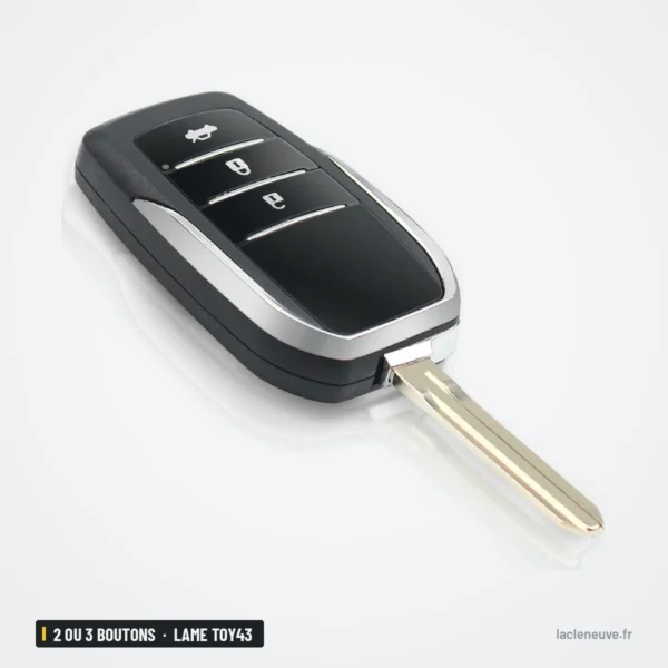 Coque de clé pliante 2 ou 3 boutons pour Toyota Camry, Corolla, lame TOY43 - vue de face, lame dépliée