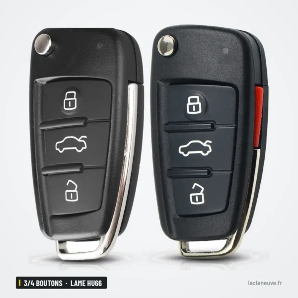 Coque de clé pliante 3/4 boutons pour Audi A3, A4, A6, Q7, lame HU66 - deux boîtiers pliants, un ouvert et un fermé