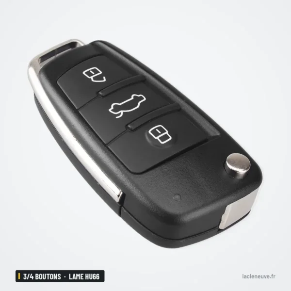 Coque de clé pliante 3/4 boutons pour Audi A3, A4, A6, Q7, lame HU66 - vue de profil, lame dépliée, bouton coffre visible