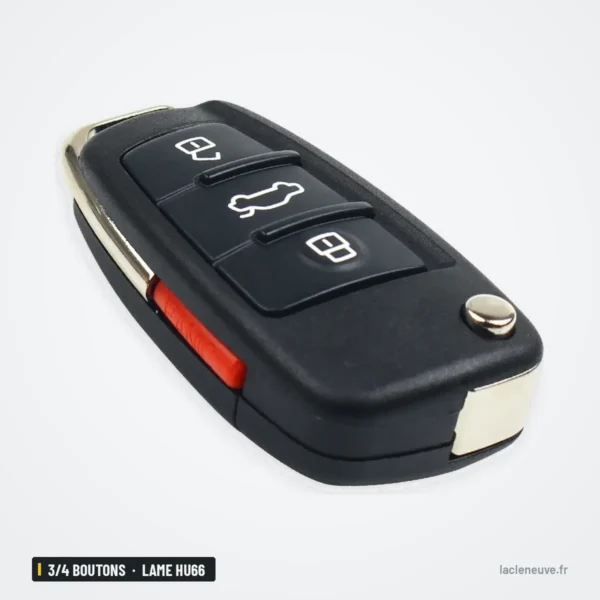 Coque de clé pliante 3/4 boutons pour Audi A3, A4, A6, Q7, lame HU66 - vue de profil, trois boutons et bouton latéral rouge