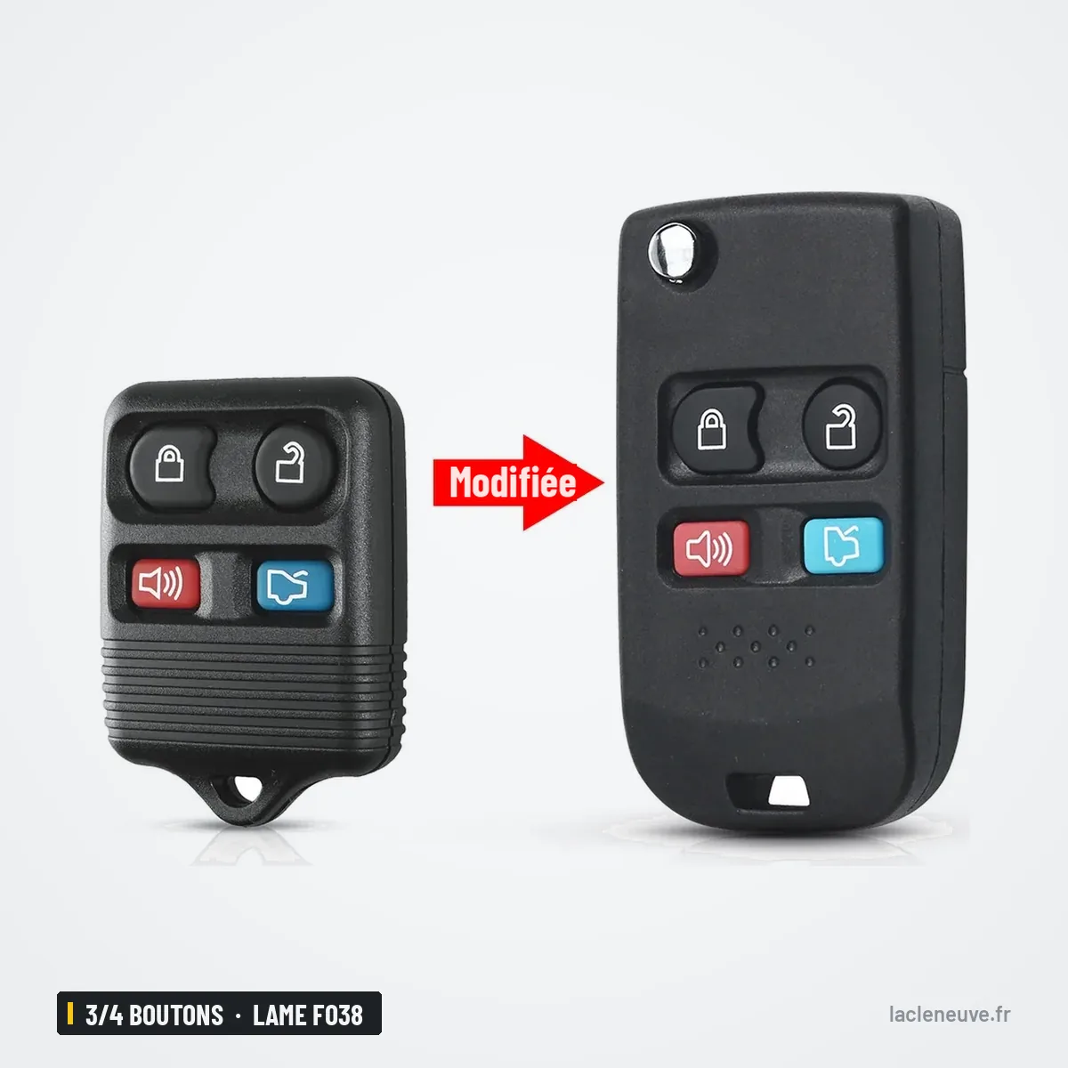 Coque de clé pliante 3/4 boutons pour Ford Focus, Mustang, Explorer, lame FO38 - comparaison avant et après transformation Coque de clé pliante 3/4 boutons pour Ford Focus, Mustang, Explorer, lame FO38 - comparaison avant et après transformation