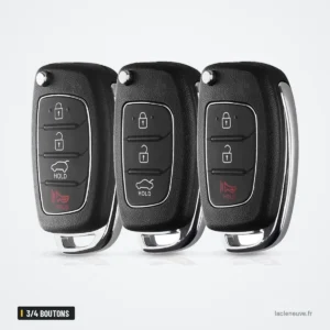 Coque de clé pliante 3/4 boutons pour Hyundai Elantra, Verna - trois exemplaires alignés en éventail Coque de clé pliante 3/4 boutons pour Hyundai Elantra, Verna - trois exemplaires alignés en éventail