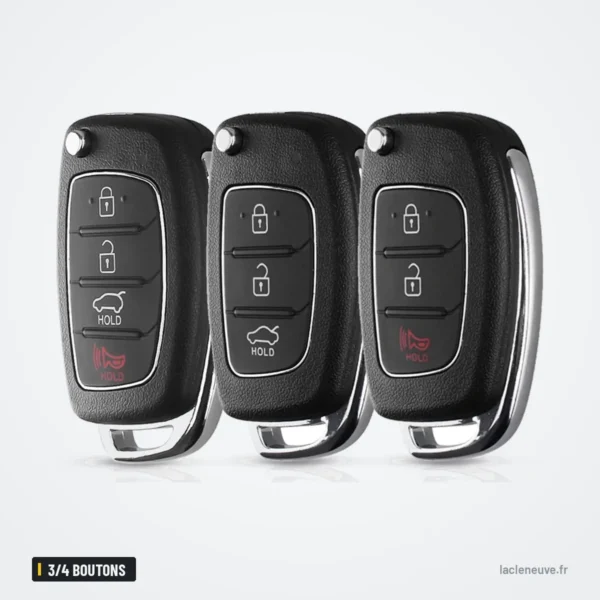 Coque de clé pliante 3/4 boutons pour Hyundai Elantra, Verna - trois exemplaires alignés en éventail