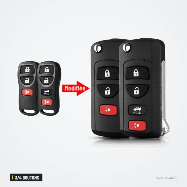 Coque de clé pliante 3/4 boutons pour Nissan Pathfinder, Murano, Xterra - comparaison avant et après transformation