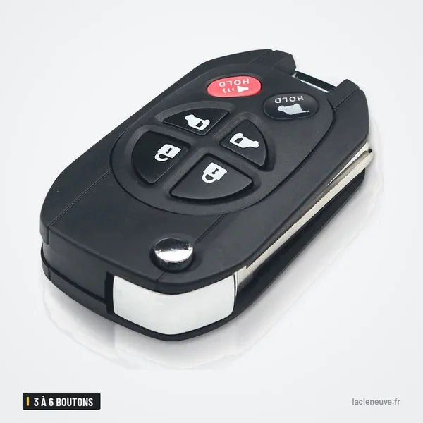 Coque de clé pliante 3 à 6 boutons pour Toyota Highlander, Sequoia - vue de trois quarts, lame repliée, bouton rouge visible
