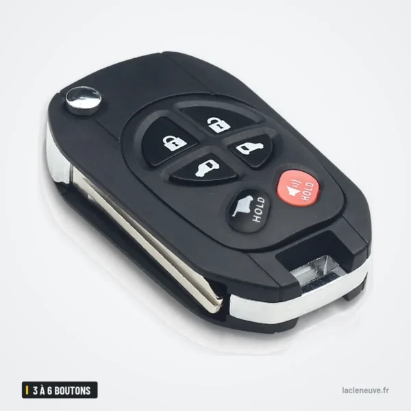Coque de clé pliante 3 à 6 boutons pour Toyota Highlander, Sequoia, Sienna - vue de face inclinée, lame partiellement visible