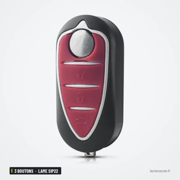 Coque de clé pliante 3 boutons pour Alfa Romeo 159, 147, Giulietta, lame SIP22 - vue de face, boutons rouges