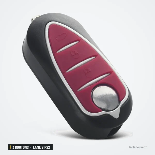 Coque de clé pliante 3 boutons pour Alfa Romeo 159, 147, Giulietta, lame SIP22 - vue de profil, boutons rouges visibles