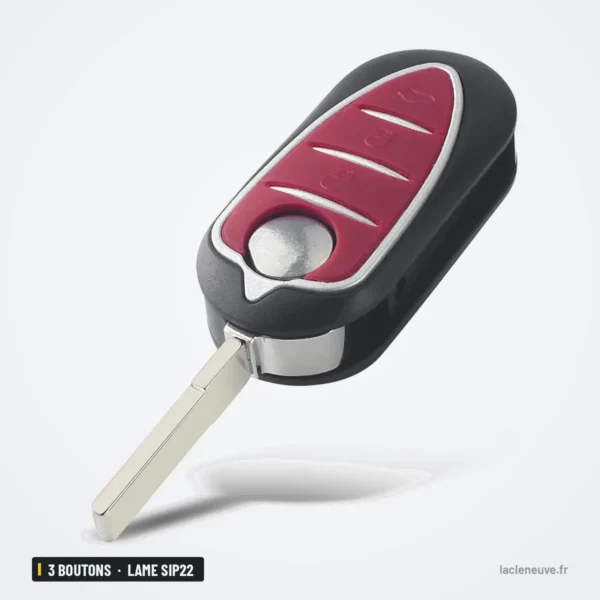 Coque de clé pliante 3 boutons pour Alfa Romeo 159, 147, Giulietta, lame SIP22 - vue de profil, lame dépliée