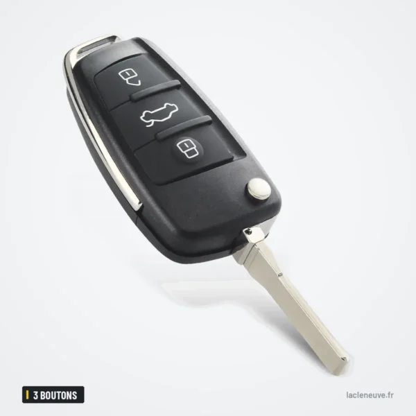 Coque de clé pliante 3 boutons pour Audi A3, A4, A6, A8 - clé dépliée avec lame, vue de face