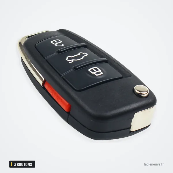 Coque de clé pliante 3 boutons pour Audi A3, A4, A6, Q7 - vue de face inclinée, trois boutons