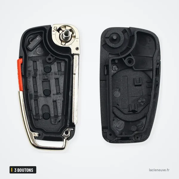 Coque de clé pliante 3 boutons pour Audi A3, A4, A6, Q7 - coque ouverte, pile et ressort visibles