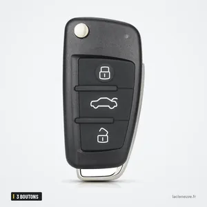 Coque de clé pliante 3 boutons pour Audi A3, A4, A6, Q7, sans lame - vue de face, pliée