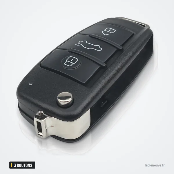 Coque de clé pliante 3 boutons pour Audi A3, A4, A6, Q7, sans lame - vue en biais, charnière visible