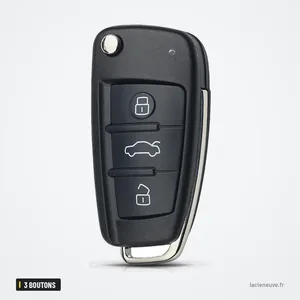 Coque de clé pliante 3 boutons pour Audi A3, A4, A6, TT, sans lame - vue de face, lame rentrée