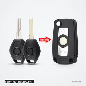 Coque de clé pliante 3 boutons pour BMW Série 1, 3, 5, 7, lame HU92/HU58 - comparaison clé droite et clé transformée Coque de clé pliante 3 boutons pour BMW Série 1, 3, 5, 7, lame HU92/HU58 - comparaison clé droite et clé transformée